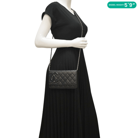 CHANEL Cambon Ligne  Wallet On Chain Quilted Leather Clutch Crossbody Bag Black