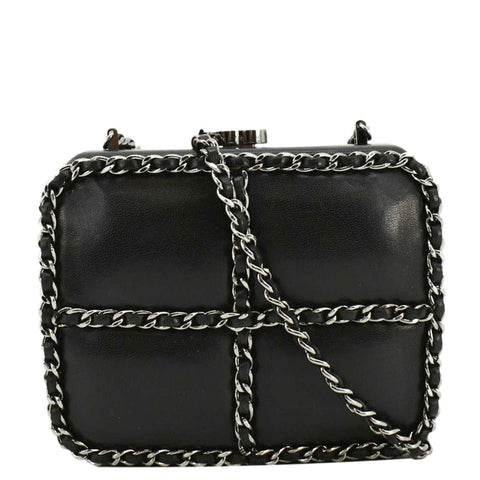 CHANEL Minaudiere Lambskin Leather Chain Clutch Crossbody Black