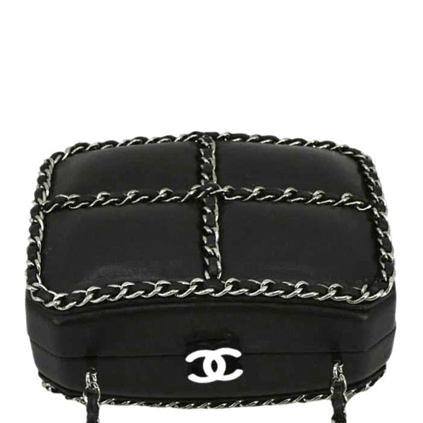 CHANEL Minaudiere Lambskin Leather Chain Clutch Crossbody Black
