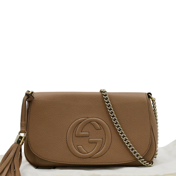GUCCI Leather Chain Crossbody Bag Rose Beige front side 