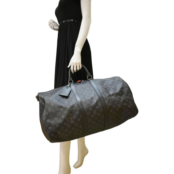LOUIS VUITTON Keepall 55 Bandouliere Monogram Eclipse Travel Bag Black
