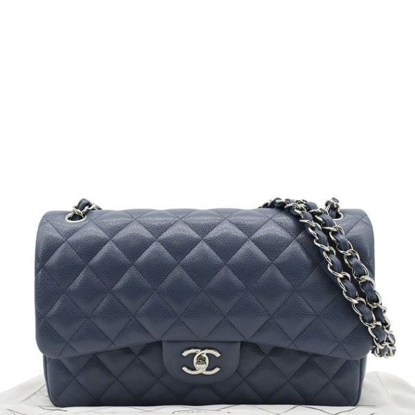 CHANEL Quilted Caviar Leather Shoulder Bag Blue froot side