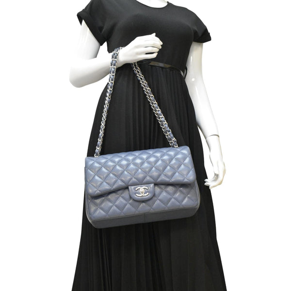 CHANEL Quilted Caviar Leather Shoulder Bag Blue dummy look