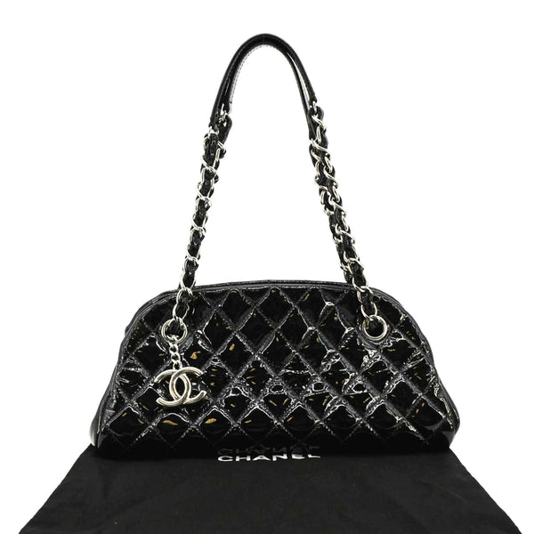 CHANEL Just Mademoiselle Bowling Small Quilted Patent Leather Shoulder Bag Black upper look