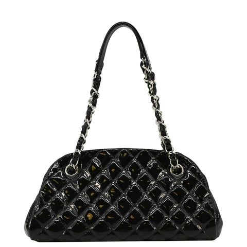 CHANEL Just Mademoiselle Bowling Small Quilted Patent Leather Shoulder Bag Black