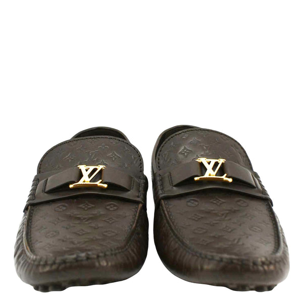 LOUIS VUITTON Hockenheim Moccasin Monogram Leather Loafers Brown US 9