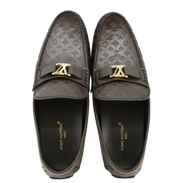 LOUIS VUITTON Hockenheim Moccasin Monogram Leather Loafers Brown US 9
