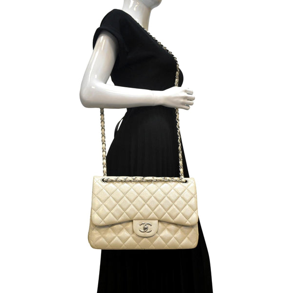CHANEL Classic Double Flap Quilted Leather Shoulder Bag Ivory