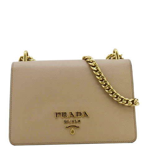 PRADA Soft Saffiano Leather Chain Crossbody Bag Beige