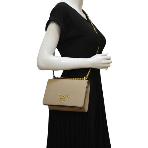 PRADA Soft Saffiano Leather Chain Crossbody Bag Beige