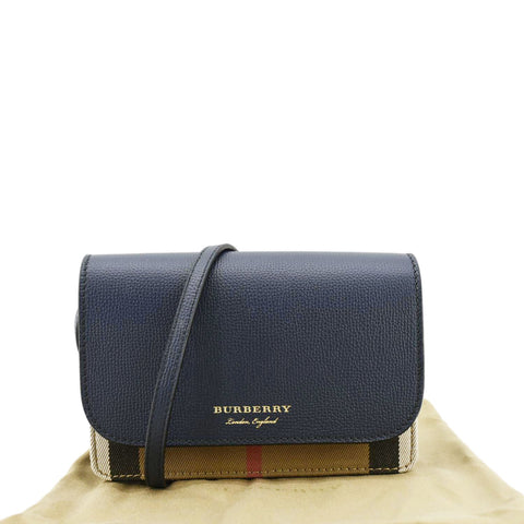 BURBERRY Hampshire Small House Check Canvas Crossbody Bag Navy Blue