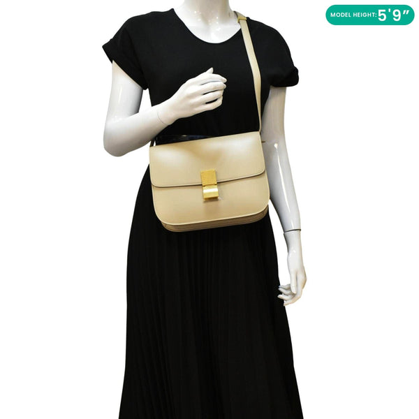 CELINE Classic Box Medium  Leather Flap Shoulder Bag Greige