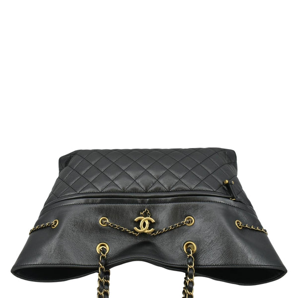CHANEL Front CC Drawstring Quilted Leather Shopping Tote Bag Dark Grey