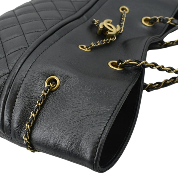 CHANEL Front CC Drawstring Quilted Leather Shopping Tote Bag Dark Grey