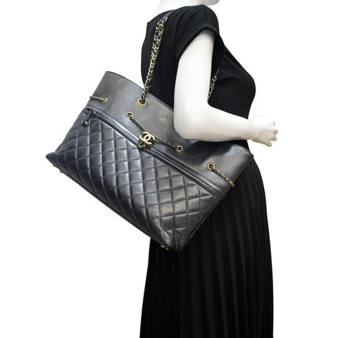 CHANEL Front CC Drawstring Quilted Leather Shopping Tote Bag Dark Grey