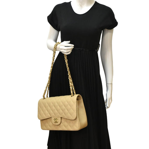 CHANEL Classic Jumbo Double Flap Quilted Caviar Leather Shoulder Bag Beige