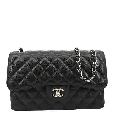 CHANEL Classic Jumbo Double Flap Quilted Caviar Leather Shoulder Bag Black