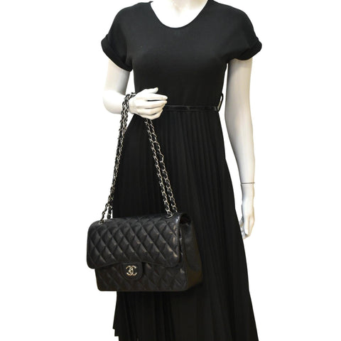 CHANEL Classic Jumbo Double Flap Quilted Caviar Leather Shoulder Bag Black