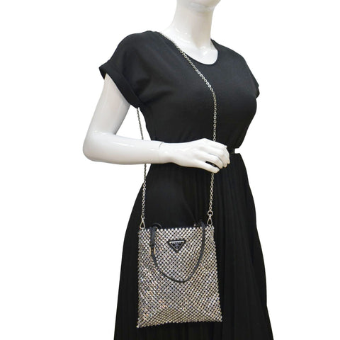 PRADA Chain Flat Mini Crystal Embellished Satin Tote Bag Silver