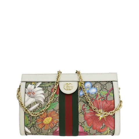 GUCCI Ophidia Web Small GG Floral Canvas Chain Shoulder Bag Beige 503877