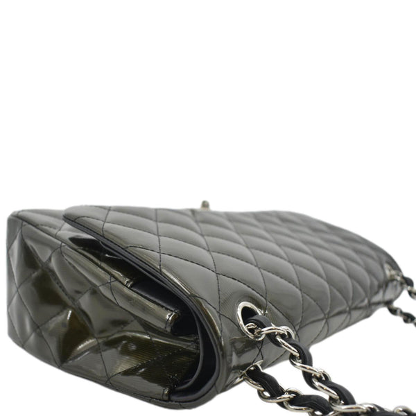 CHANEL Jumbo Flap Striated Quilted Patent Leather Shoulder Bag Green