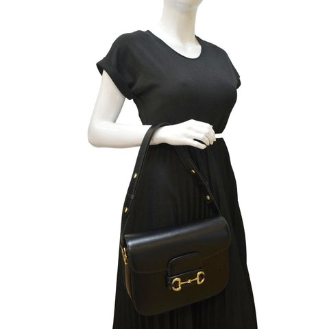 GUCCI Horsebit 1955 Small Leather Shoulder Bag Black 602204