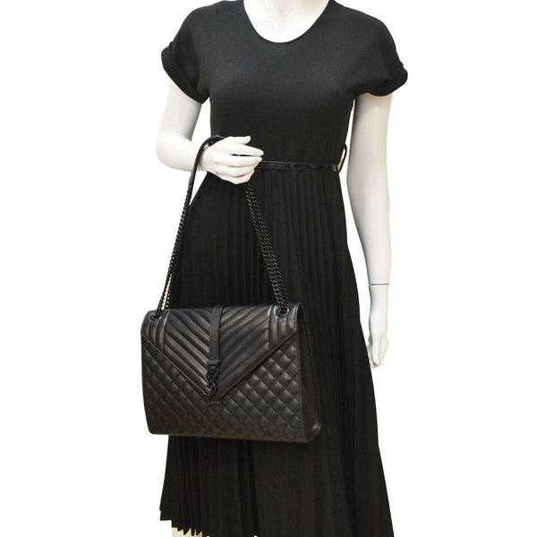 YVES SAINT LAURENT Envelope Mix Matelassé Chain Leather Shoulder Bag Black