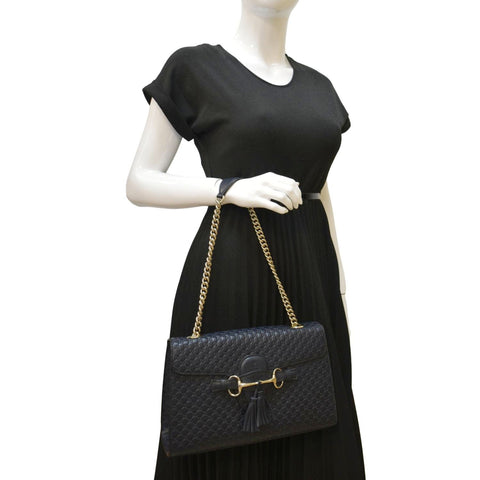GUCCI Emily Medium GG Leather Chain Shoulder Bag Navy Blue 449635