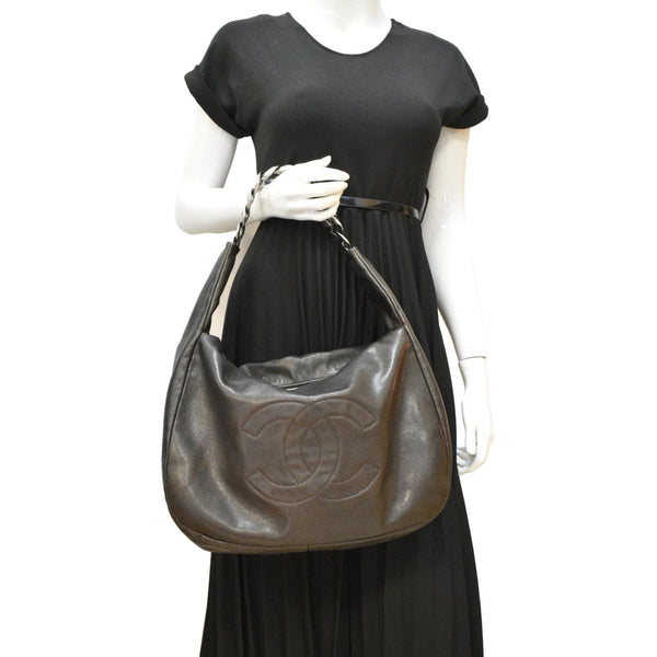 CHANEL CC Caviar Leather Hobo Bag Dark Brown