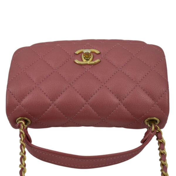 CHANEL Front Pocket Quilted Leather Bag Pink top view