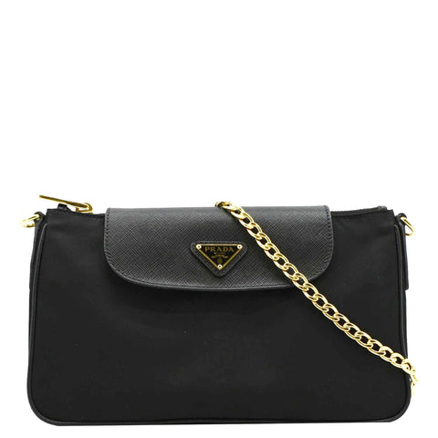 PRADA Small Tessuto Saffiano Chain Crossbody Bag Black