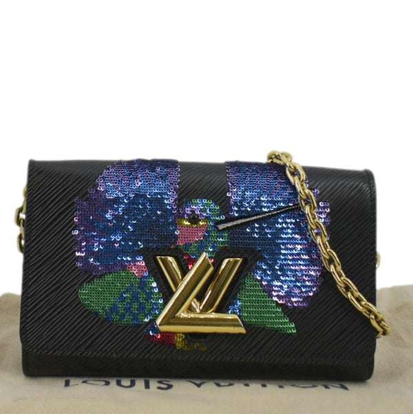 LOUIS VUITTON Twist Sequin Bird Epi Leather Chain Clutch Black
