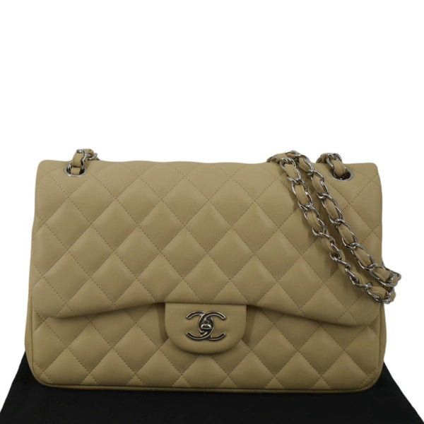 CHANEL Classic Jumbo Double Flap Quilted Leather Shoulder Bag Beige