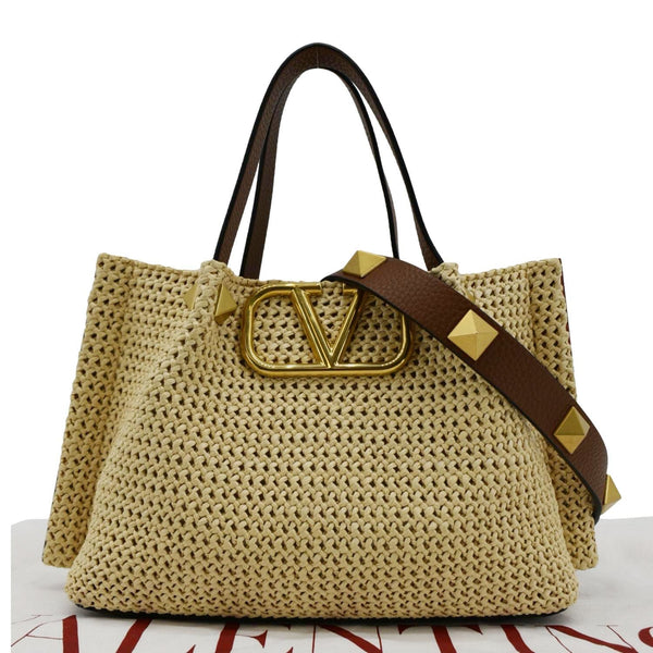 VALENTINO Straw Summer Medium Tote Bag Cream back look
