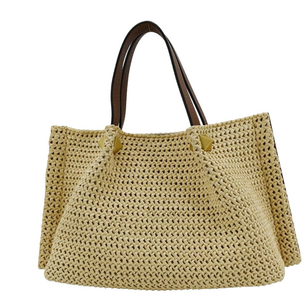 VALENTINO Straw Summer Medium Tote Bag Cream back side