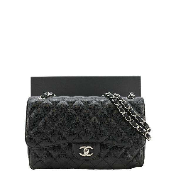 CHANEL Classic Jumbo Double Flap Quilted Caviar Leather Shoulder Bag Black
