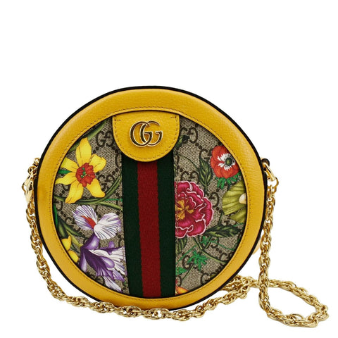 GUCCI Ophidia Mini Flora GG Round Supreme Monogram Web Crossbody Bag Yellow 550618