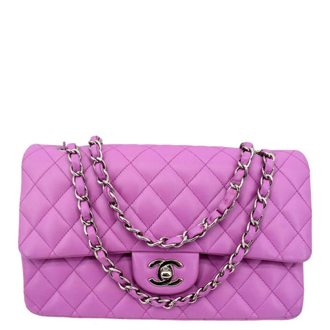 CHANEL Classic Medium Double Flap Quilted Leather Shoulder Bag Neon Pink