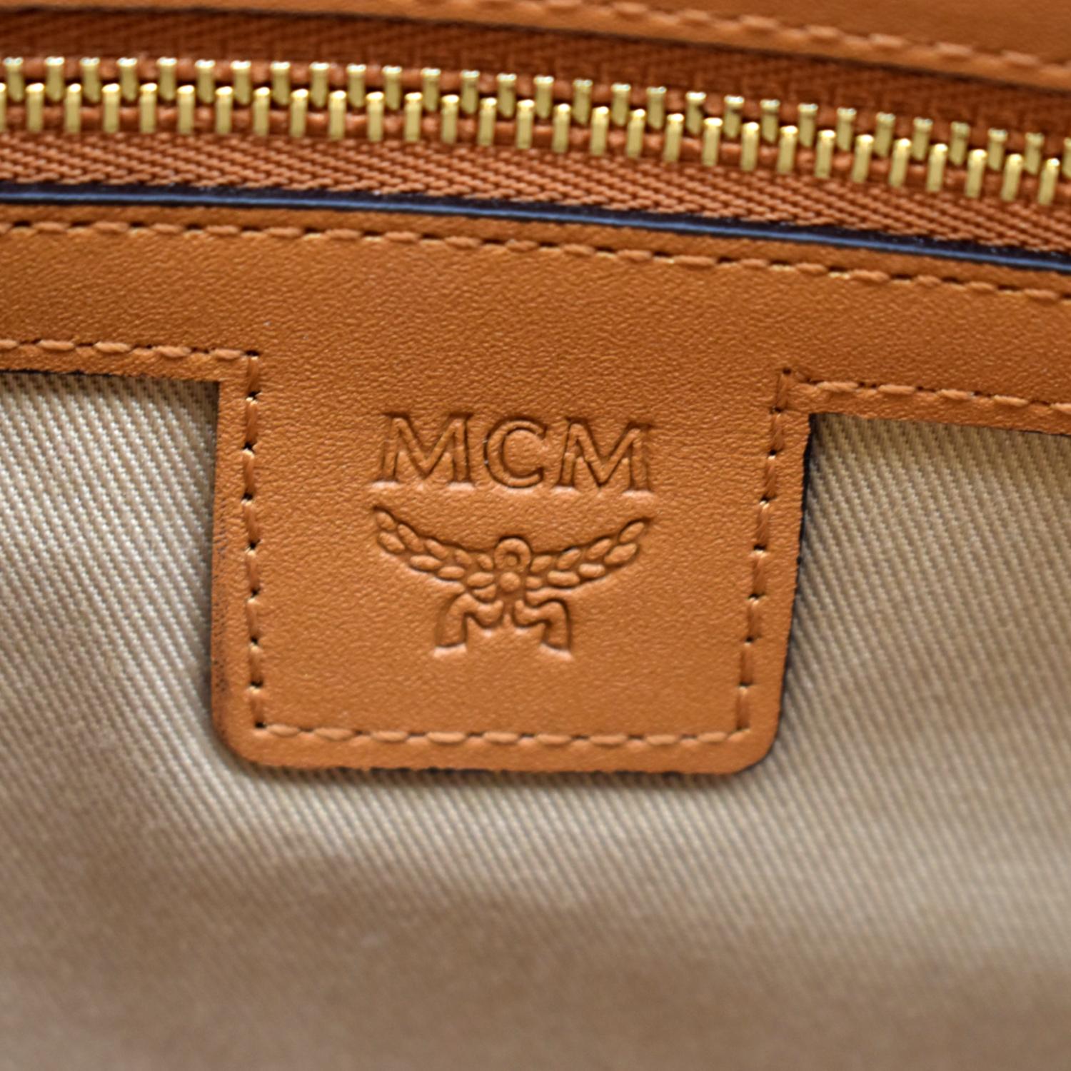 MCM Visetos Coated Canvas Mini Boston Hand Bag Leather Cognac Brown JUNK