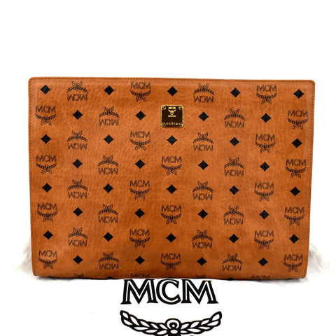 MCM Visetos Monogram Coated Canvas Clutch Pouch Cognac