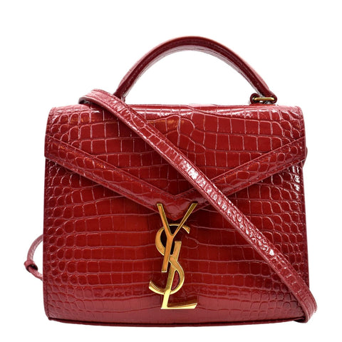 YVES SAINT LAURENT Cassandra Top Handle Embossed Leather Shoulder Bag Red