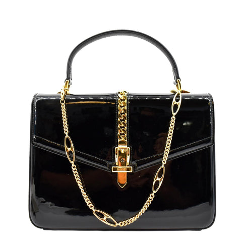 GUCCI Sylvie 1969 Patent Leather Top Handle Crossbody Bag Black 589478