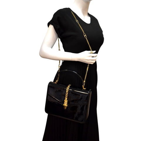 GUCCI Sylvie 1969 Patent Leather Top Handle Crossbody Bag Black 589478