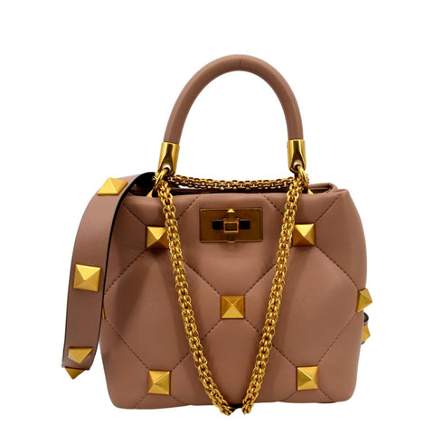 VALENTINO Small The Handle Roman Stud Lambskin Leather Crossbody Bag Rose Cannelle