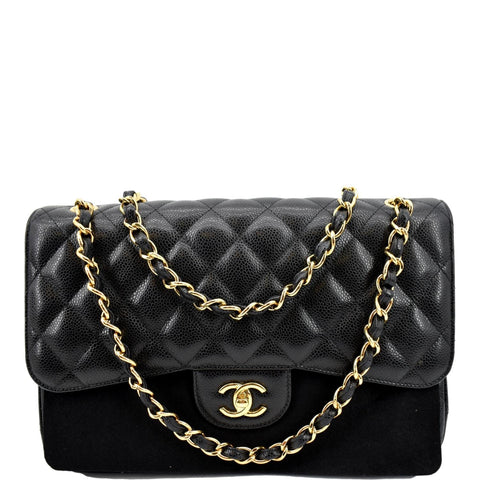 CHANEL Jumbo Double Flap Caviar Leather Shoulder Bag Black