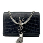 YVES SAINT LAURENT Kate Tassel Crocodile Embossed Leather Crossbody Bag Black