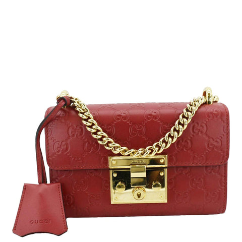 GUCCI Signature Padlock Leather Top Handle Shoulder Bag Red 409487