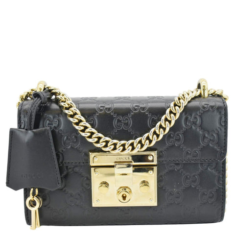 GUCCI Signature Padlock Leather Top Handle Shoulder Bag Black 409487