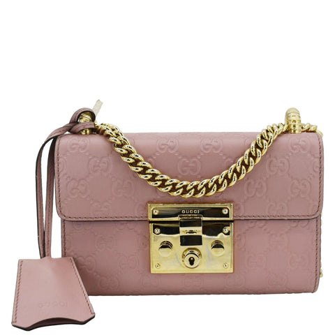 GUCCI Signature Padlock Leather Top Handle Shoulder Bag Pink 409487