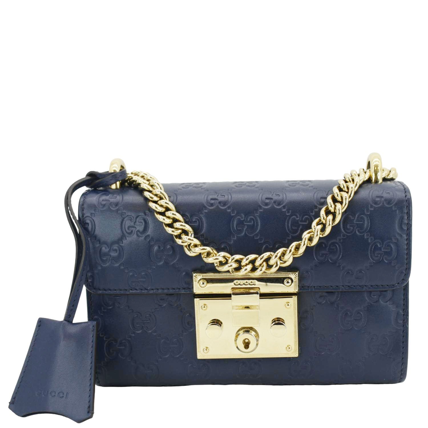 Gucci Signature Padlock Leather Top Handle Blue Shoulder Bag front look